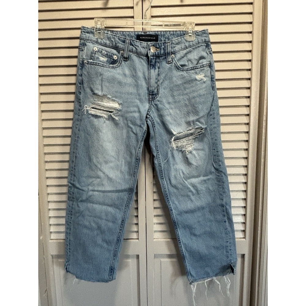 Aeropostale Light Wash Low Rise Baggy Crop Denim Jeans Size 2 Reg Raw Hem